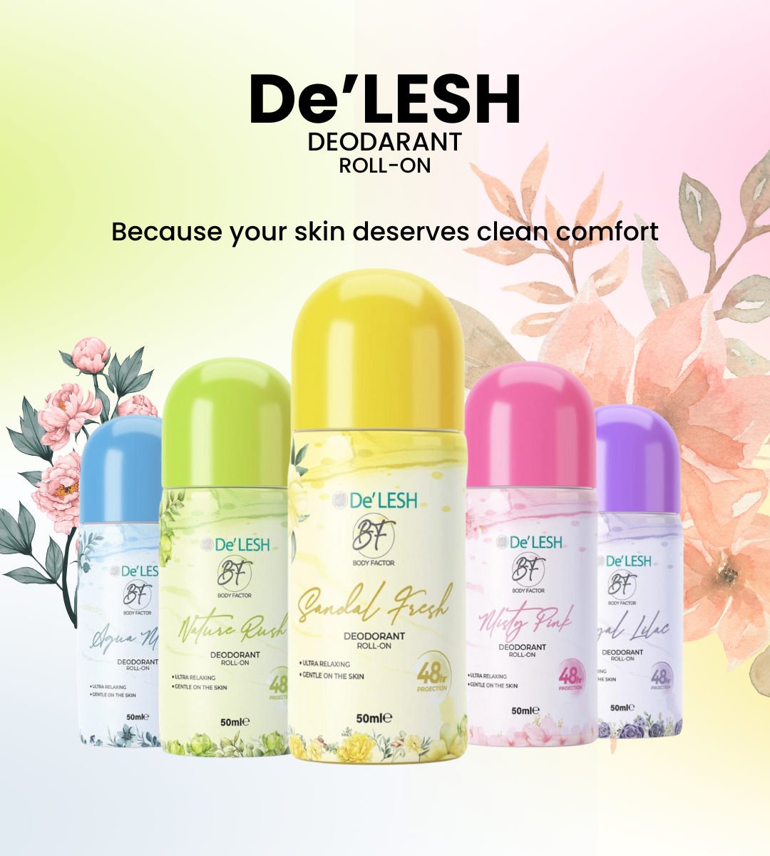 De'LESH Body Factor Deodorant Roll-On – 6 Fresh Variants (50ml Each)
